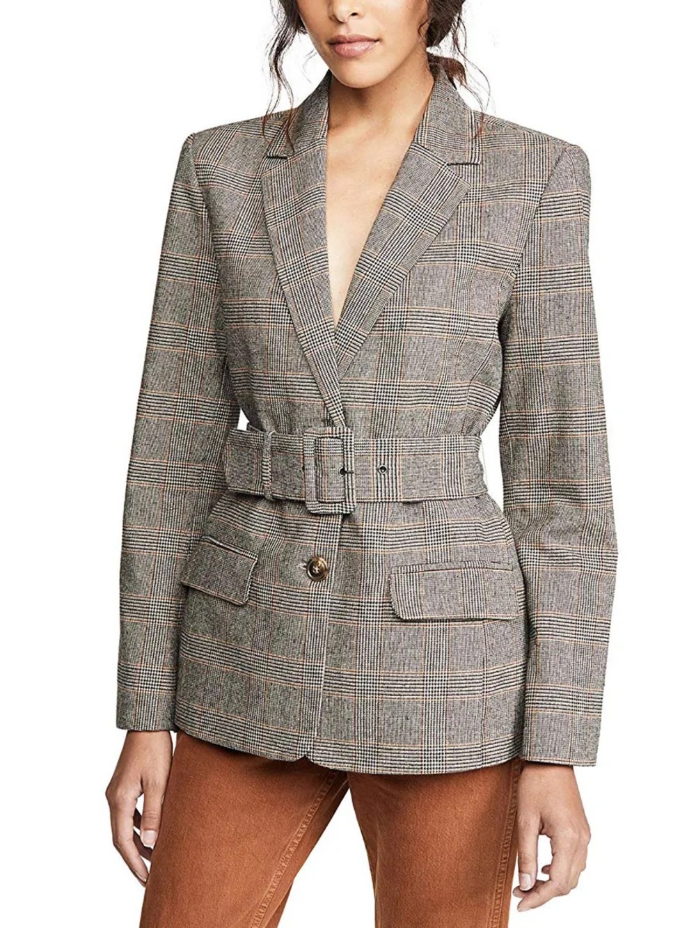 Checked Belted Blazer Jacket in Brown